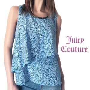 JUICY Couture Blue Waves Tiered Blouse Top Studded Rhinestone Neckline